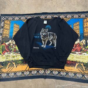 Black Nature Wolf Crewneck Sweatshirt Art Unlimited Planets Faded Made in USA